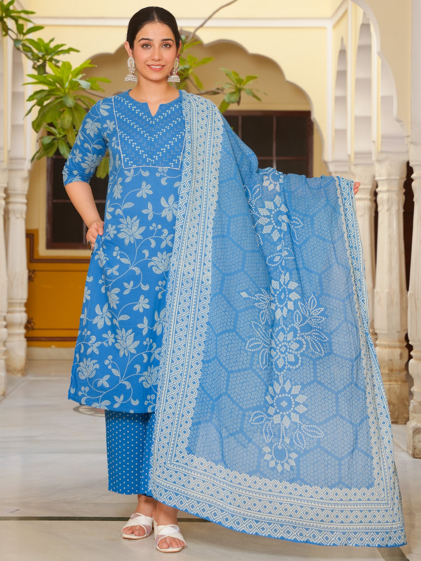 Soft Cotton Bandhani Straight Blue Kurta