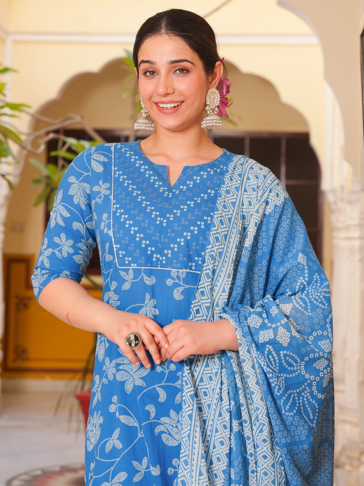 Soft Cotton Bandhani Straight Blue Kurta