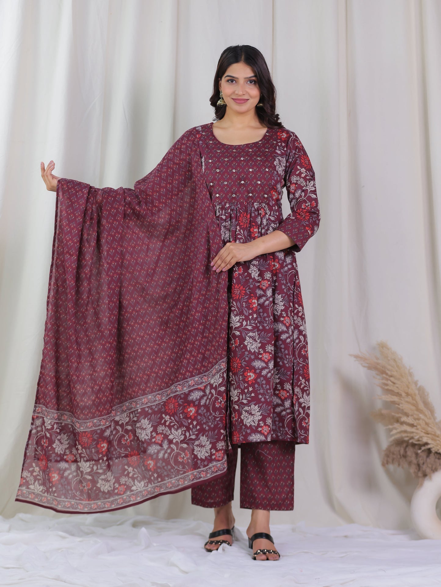 Cotton Voile Floral Wine Dupatta