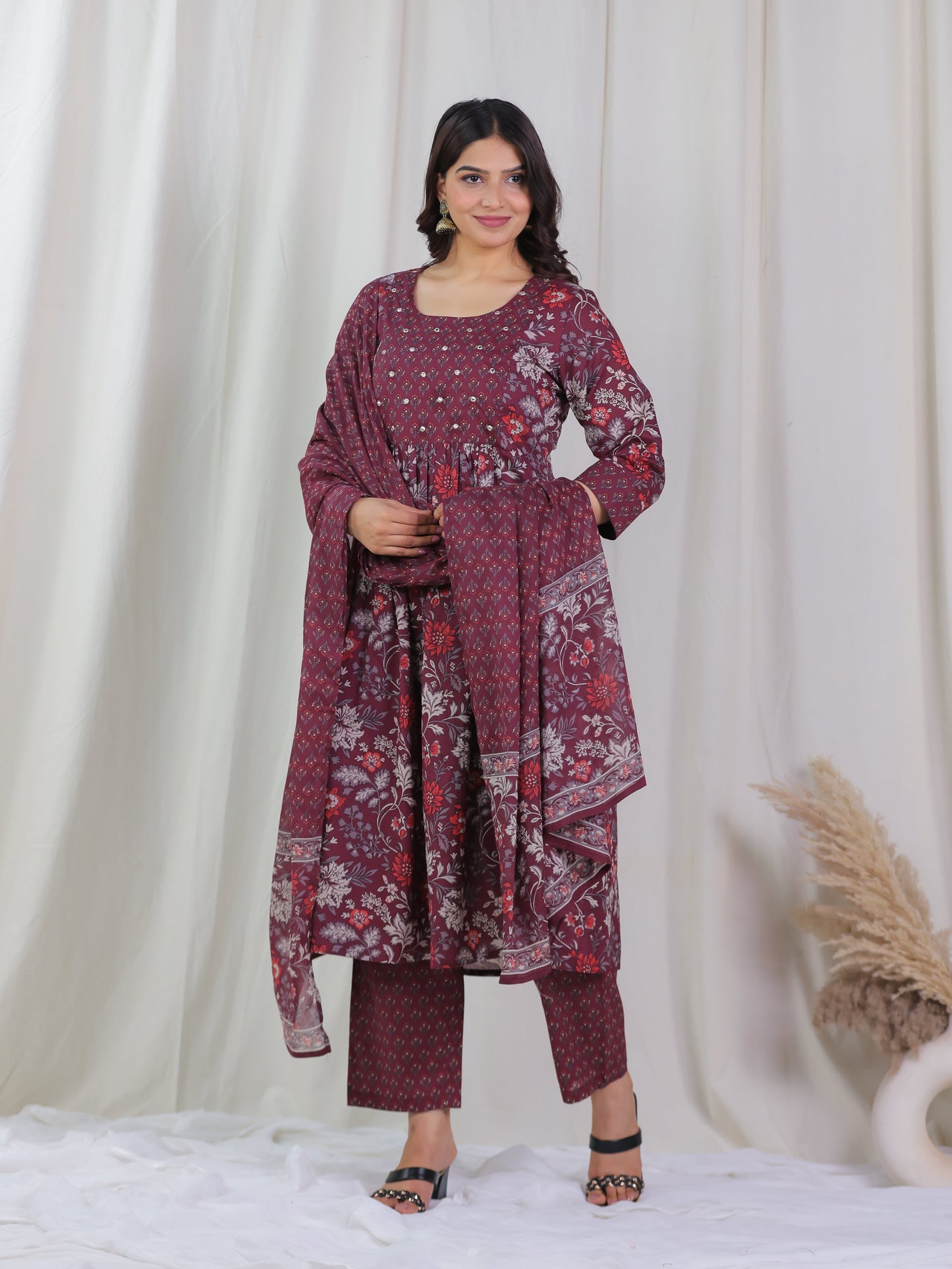 Cotton Voile Floral Wine Dupatta