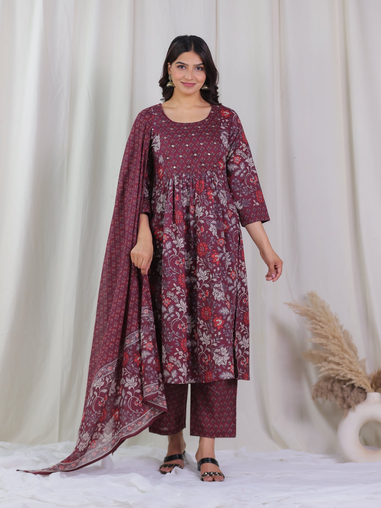 Cotton Voile Floral Wine Dupatta