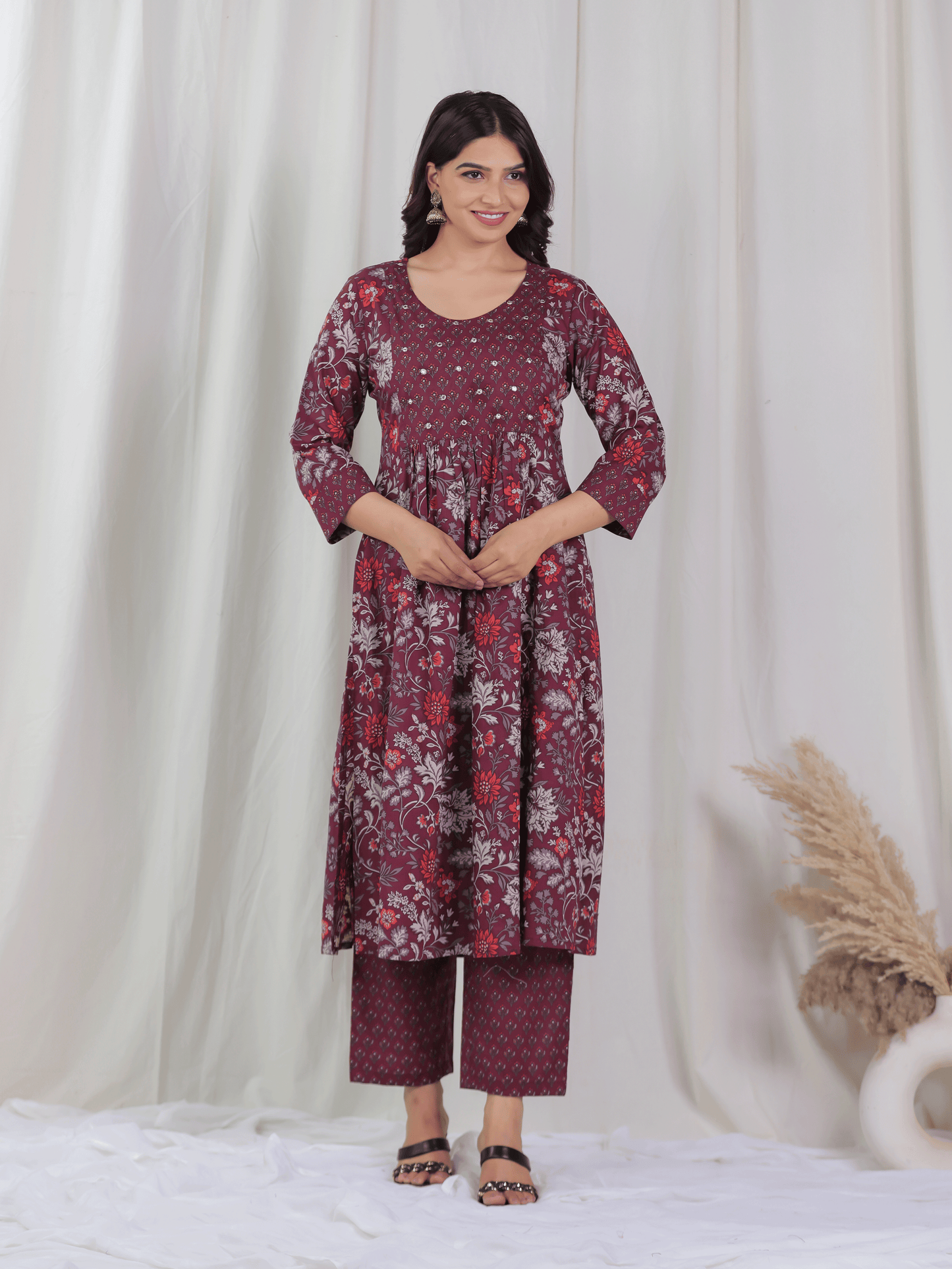 Embroidered Soft Cotton Floral Flared Wine Kurta