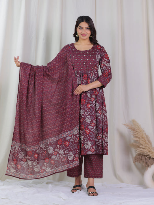 Embroidered Soft Cotton Floral Flared Wine Kurta