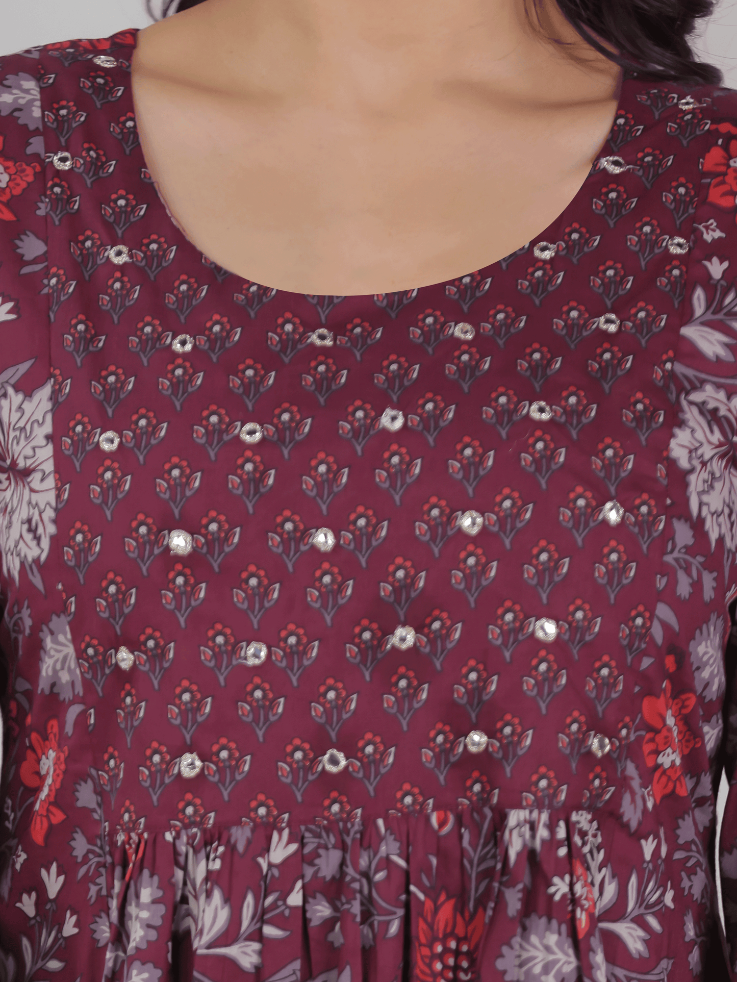 Embroidered Soft Cotton Floral Flared Wine Kurta