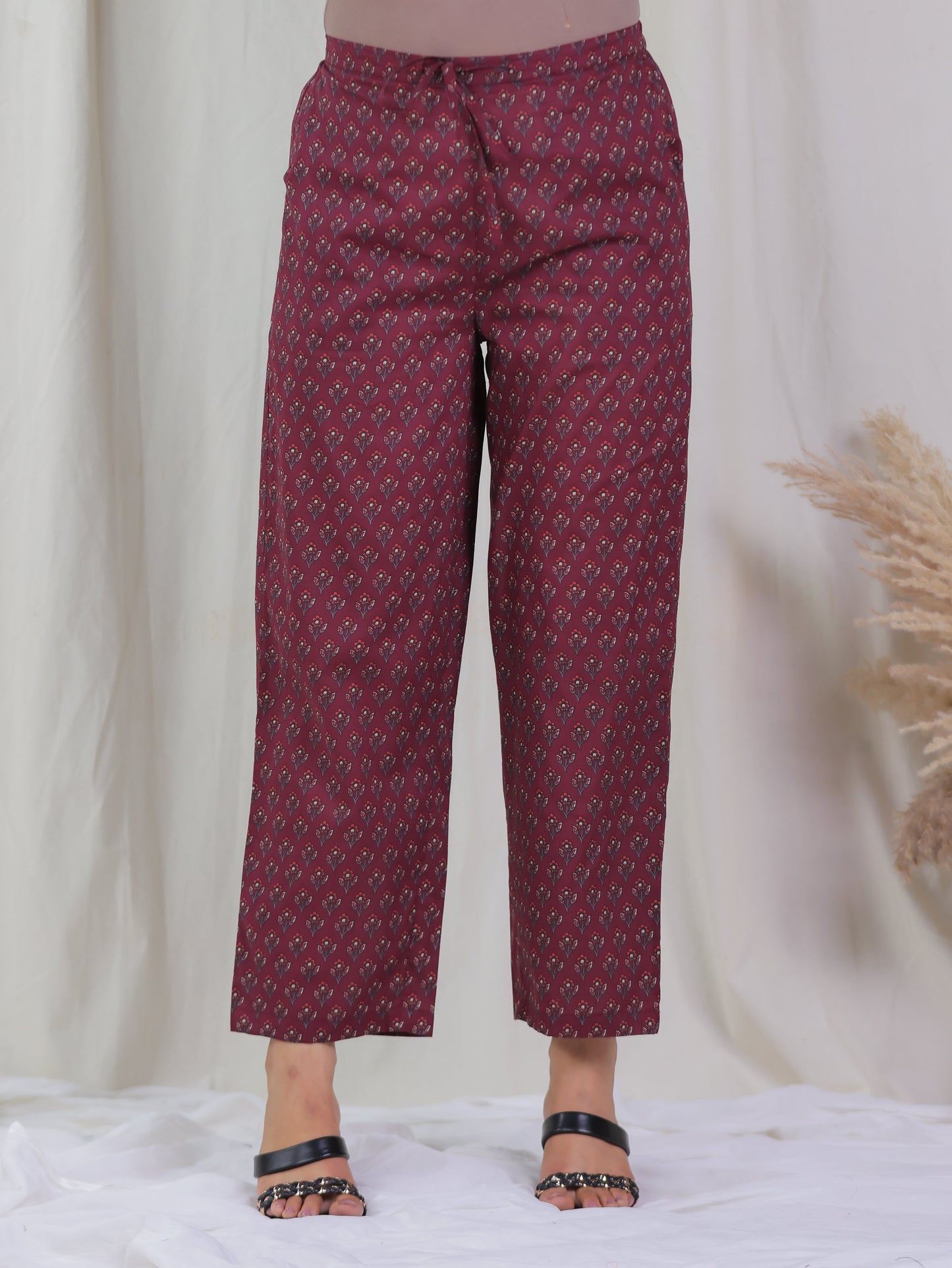Embroidered Soft Cotton Floral Flared Wine Kurta