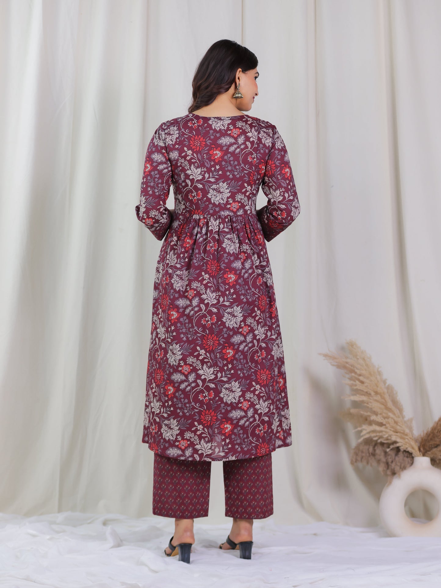 Embroidered Soft Cotton Floral Flared Wine Kurta