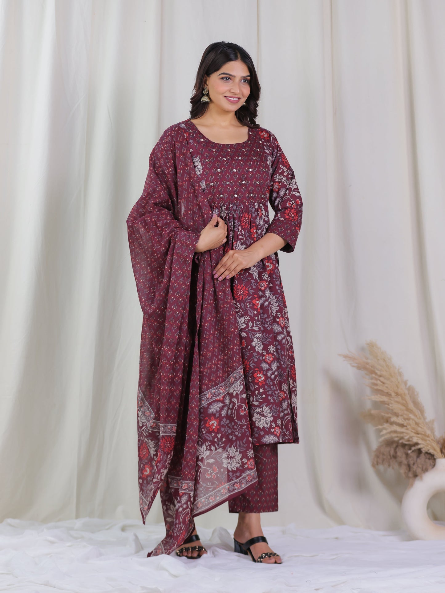 Embroidered Soft Cotton Floral Flared Wine Kurta