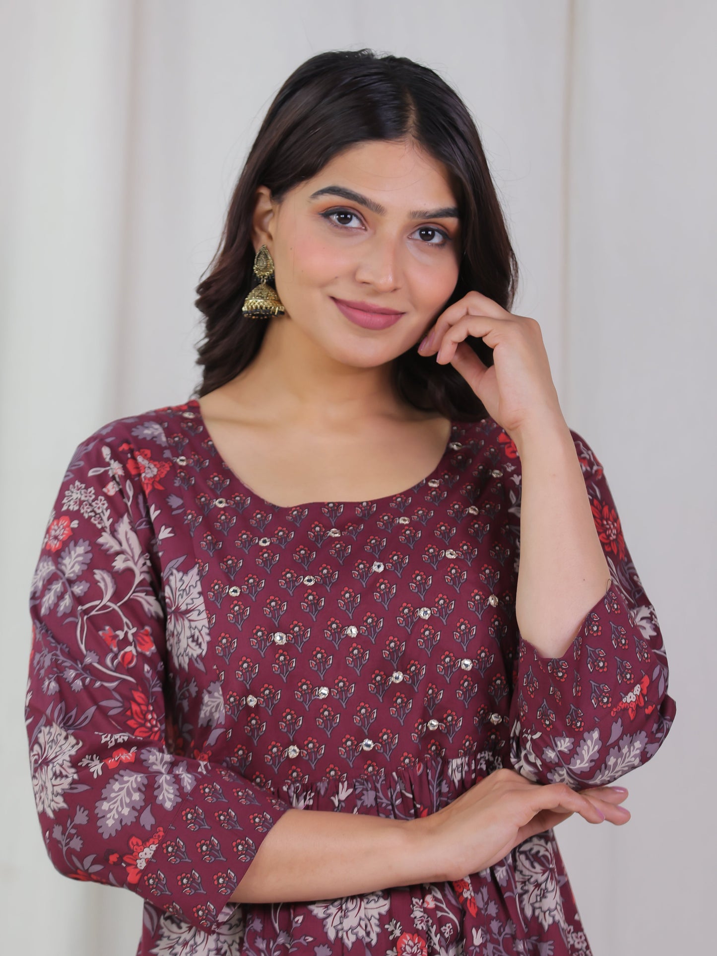 Embroidered Soft Cotton Floral Flared Wine Kurta
