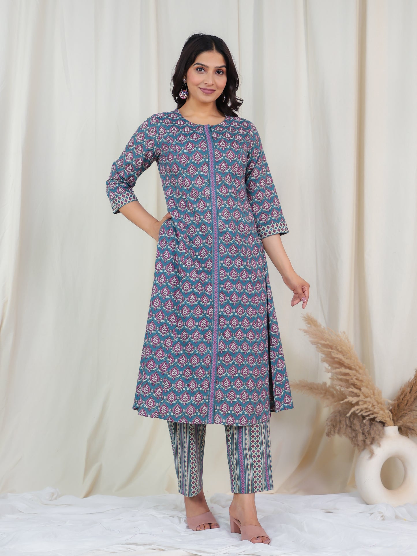 Soft Cotton Butti A-line Blue Kurta