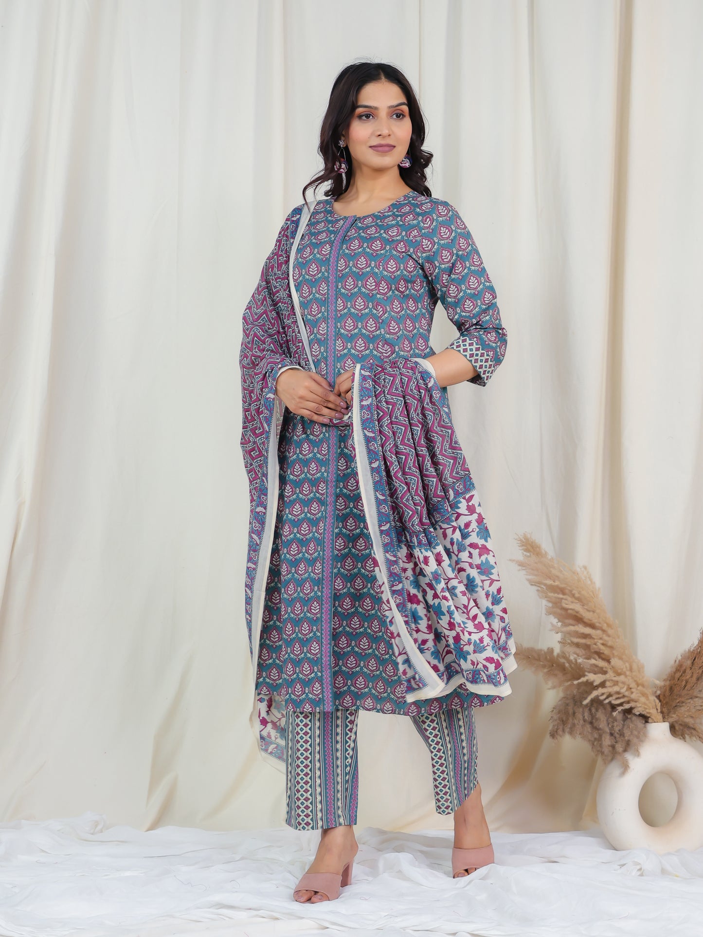 Soft Cotton Butti A-line Blue Kurta