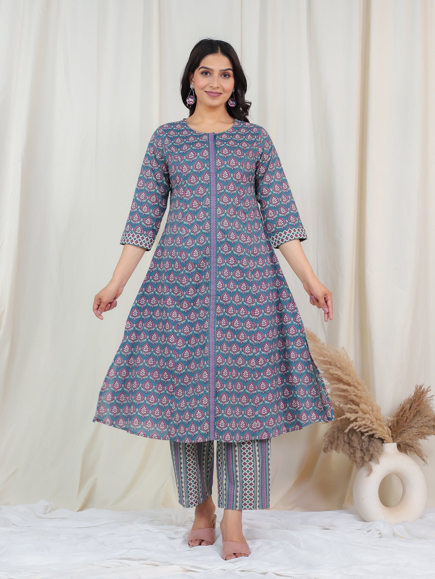 Soft Cotton Butti A-line Blue Kurta