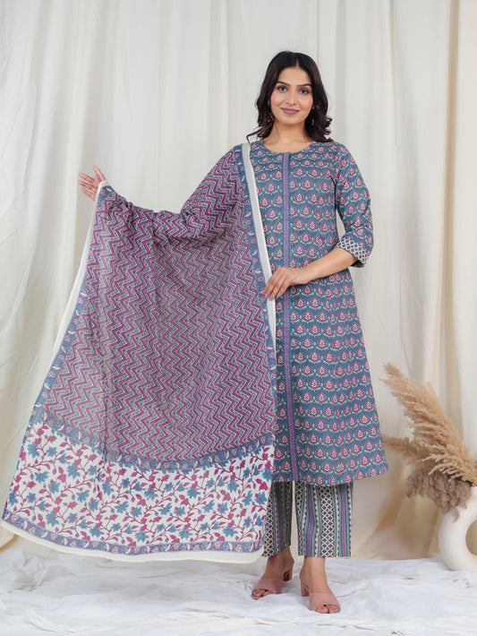 Soft Cotton Butti A-line Blue Kurta