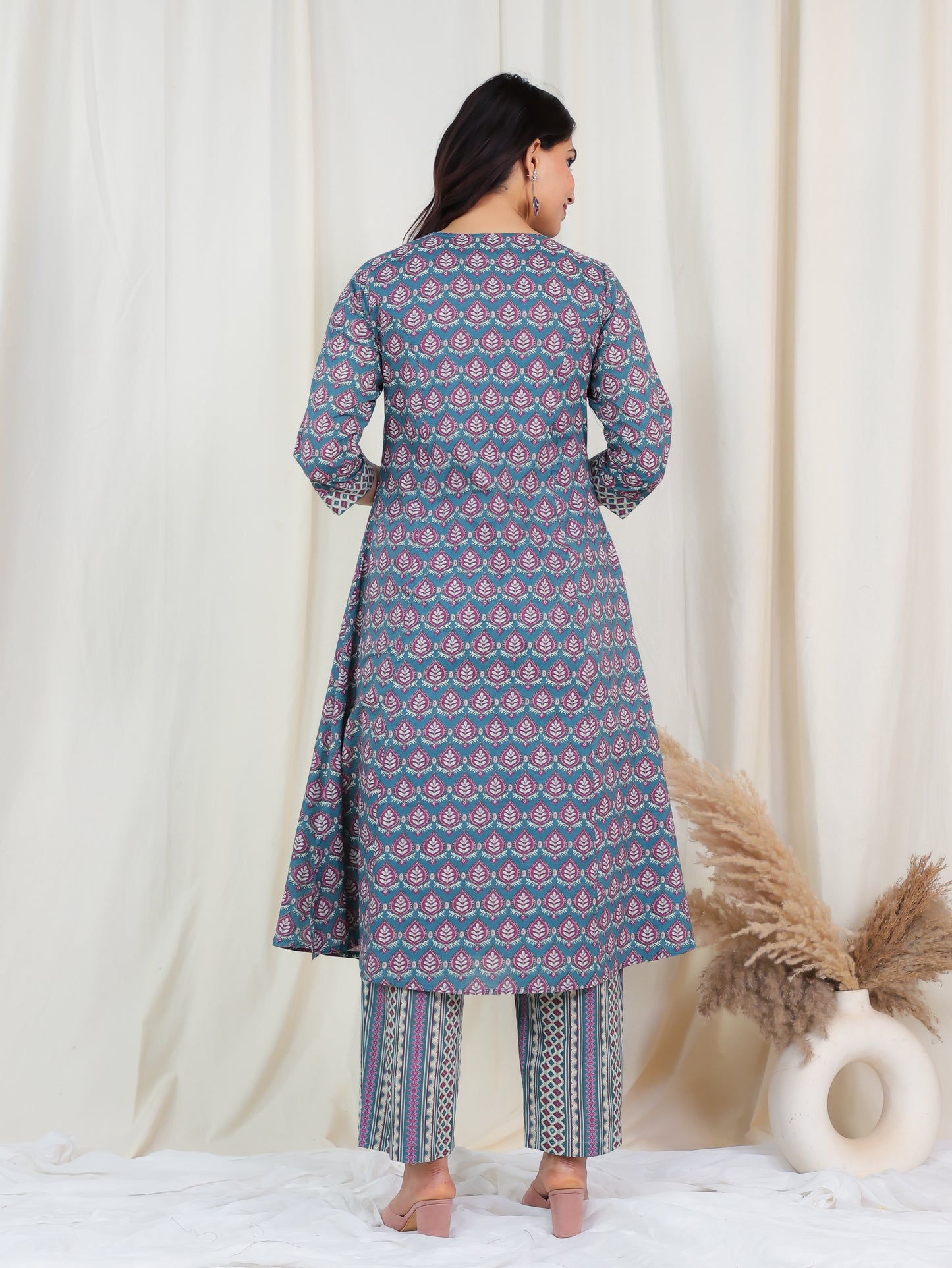 Soft Cotton Butti A-line Blue Kurta