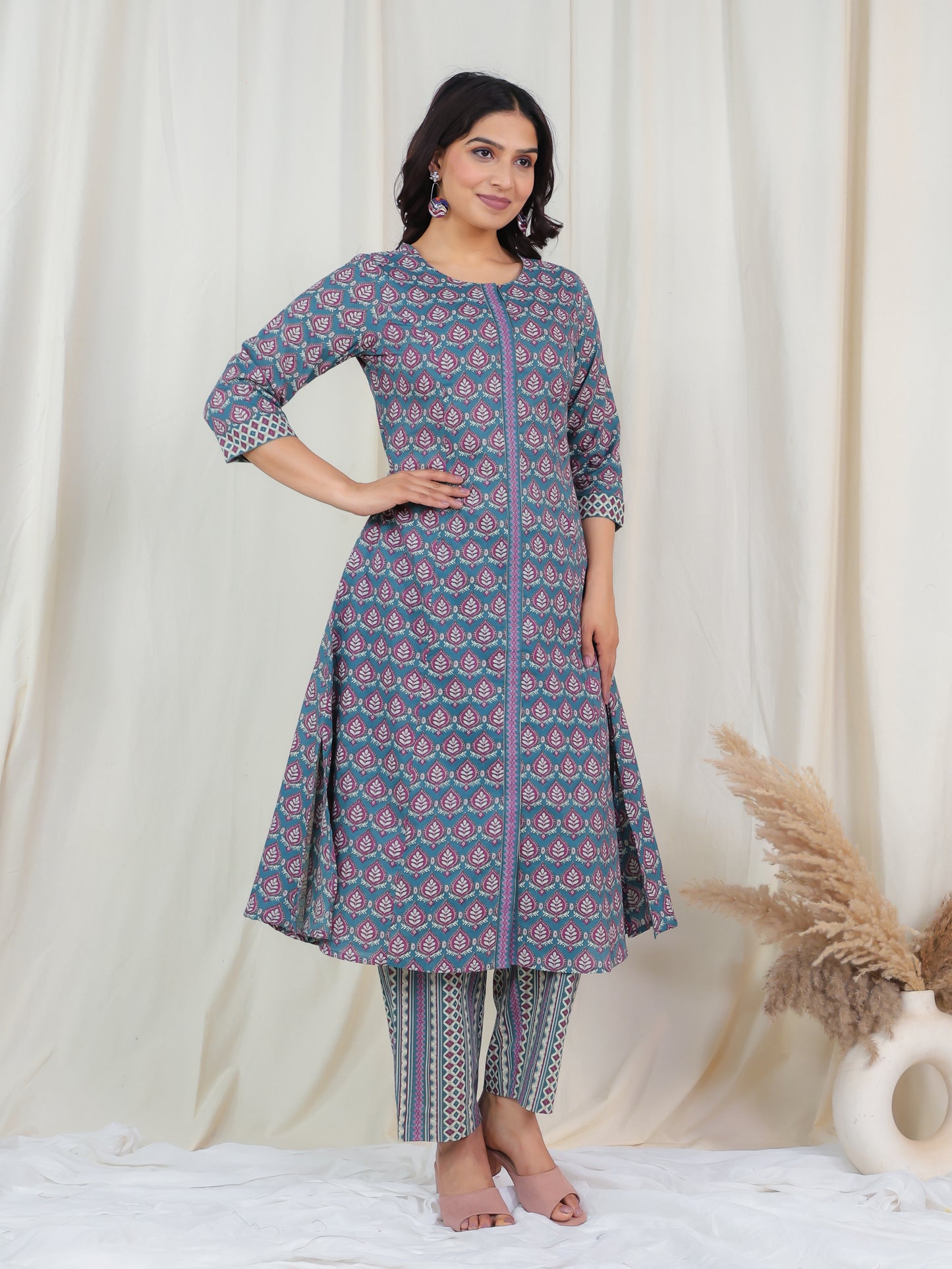 Soft Cotton Butti A-line Blue Kurta