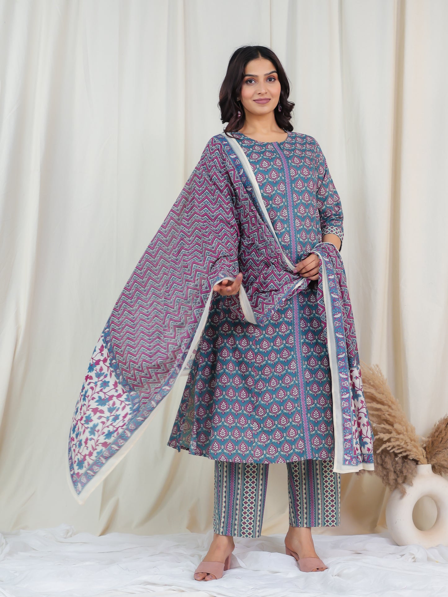 Soft Cotton Butti A-line Blue Kurta