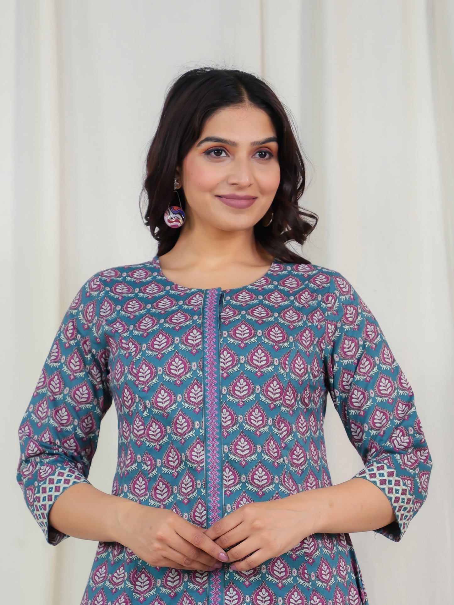 Soft Cotton Butti A-line Blue Kurta