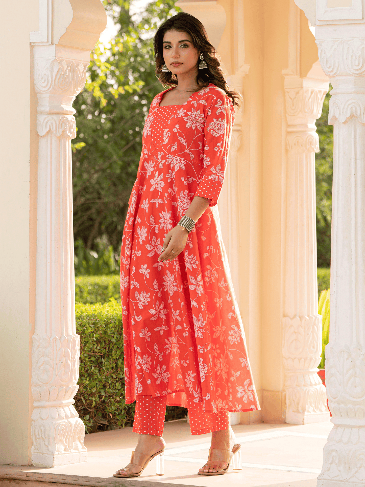 Soft Cotton Bandhani Flared Orange Kurta