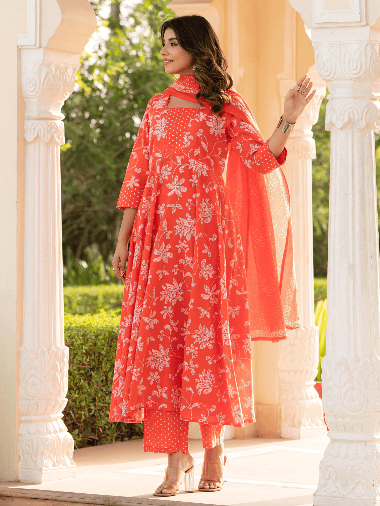 Soft Cotton Bandhani Flared Orange Kurta