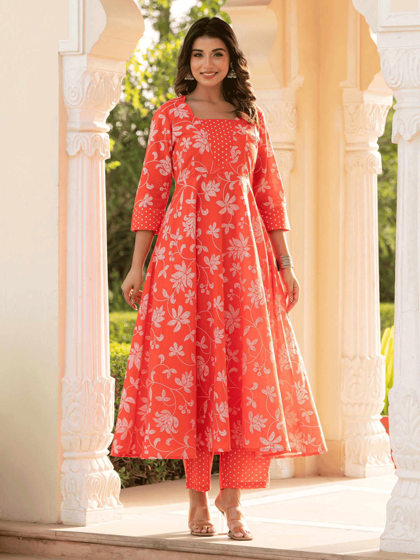 Soft Cotton Bandhani Flared Orange Kurta