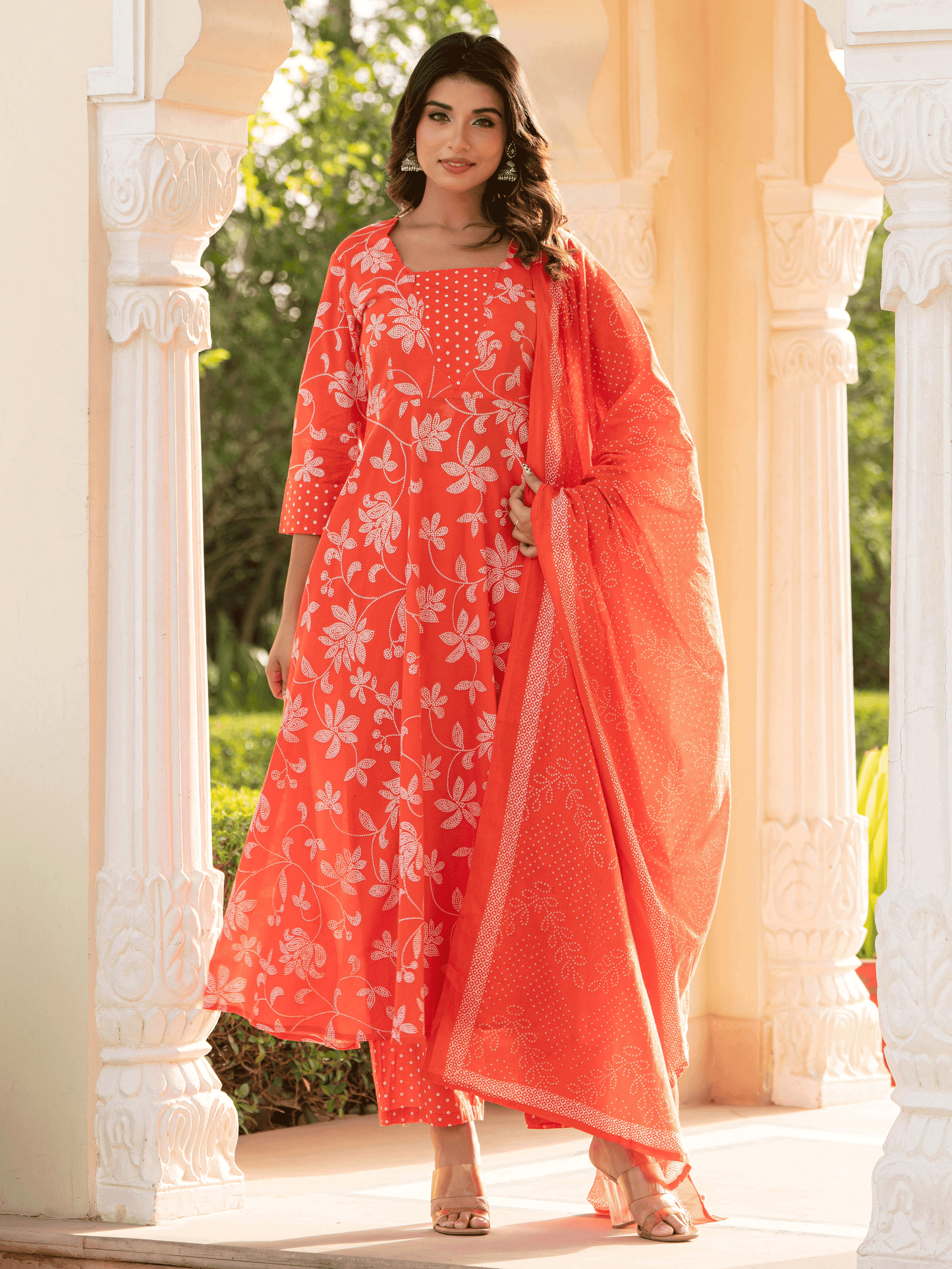 Soft Cotton Bandhani Flared Orange Kurta