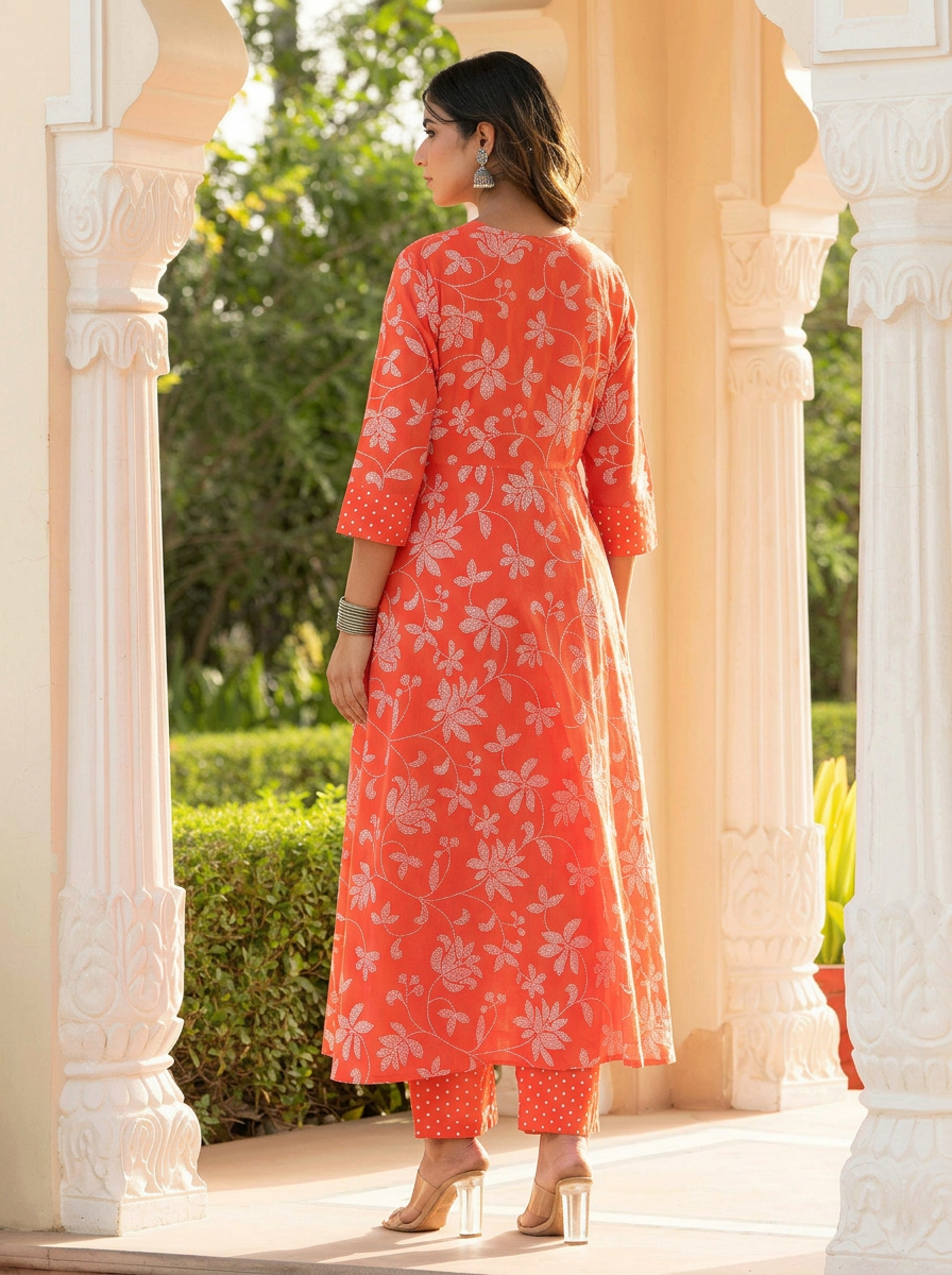 Soft Cotton Bandhani Flared Orange Kurta