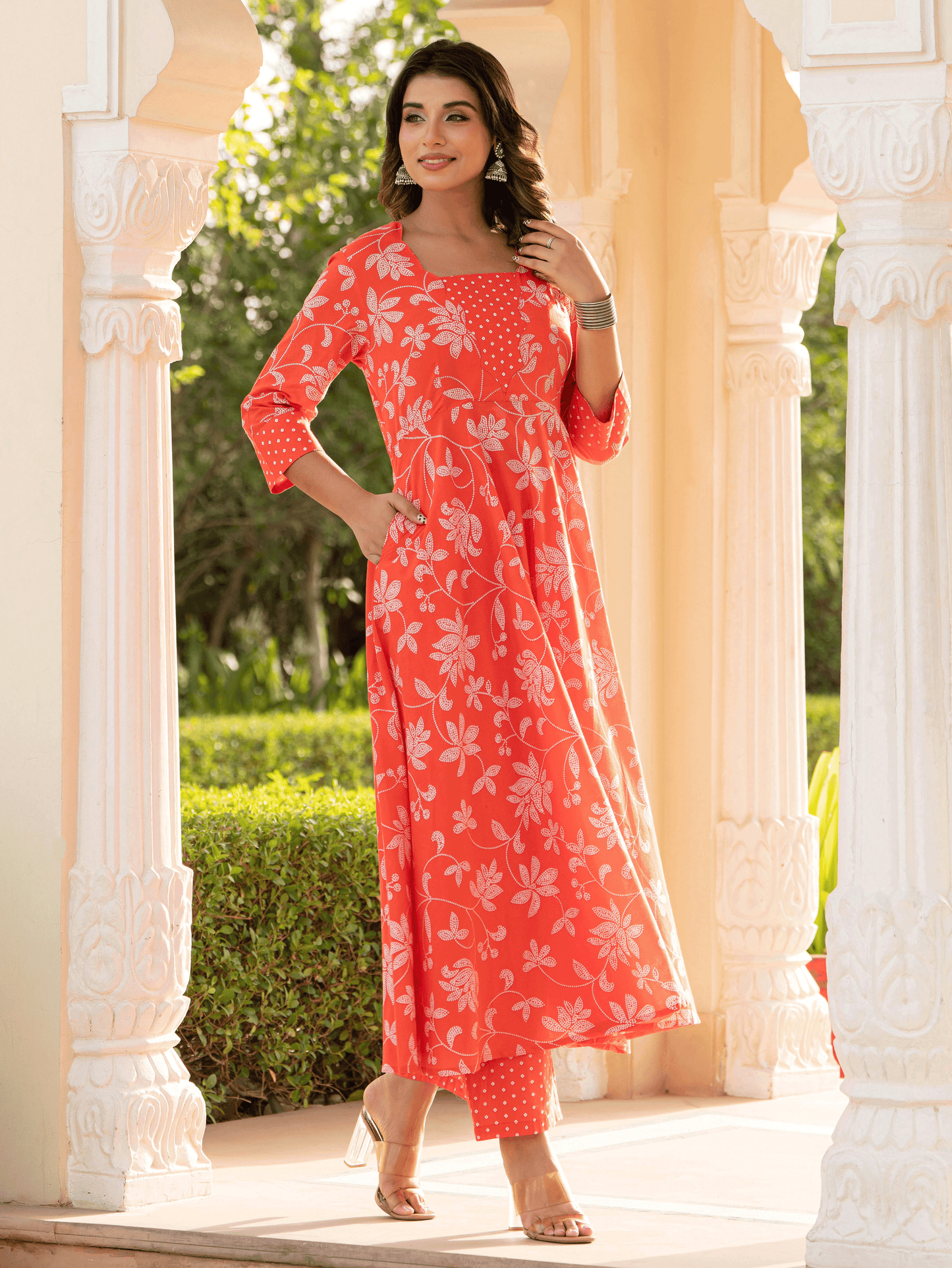 Soft Cotton Bandhani Flared Orange Kurta