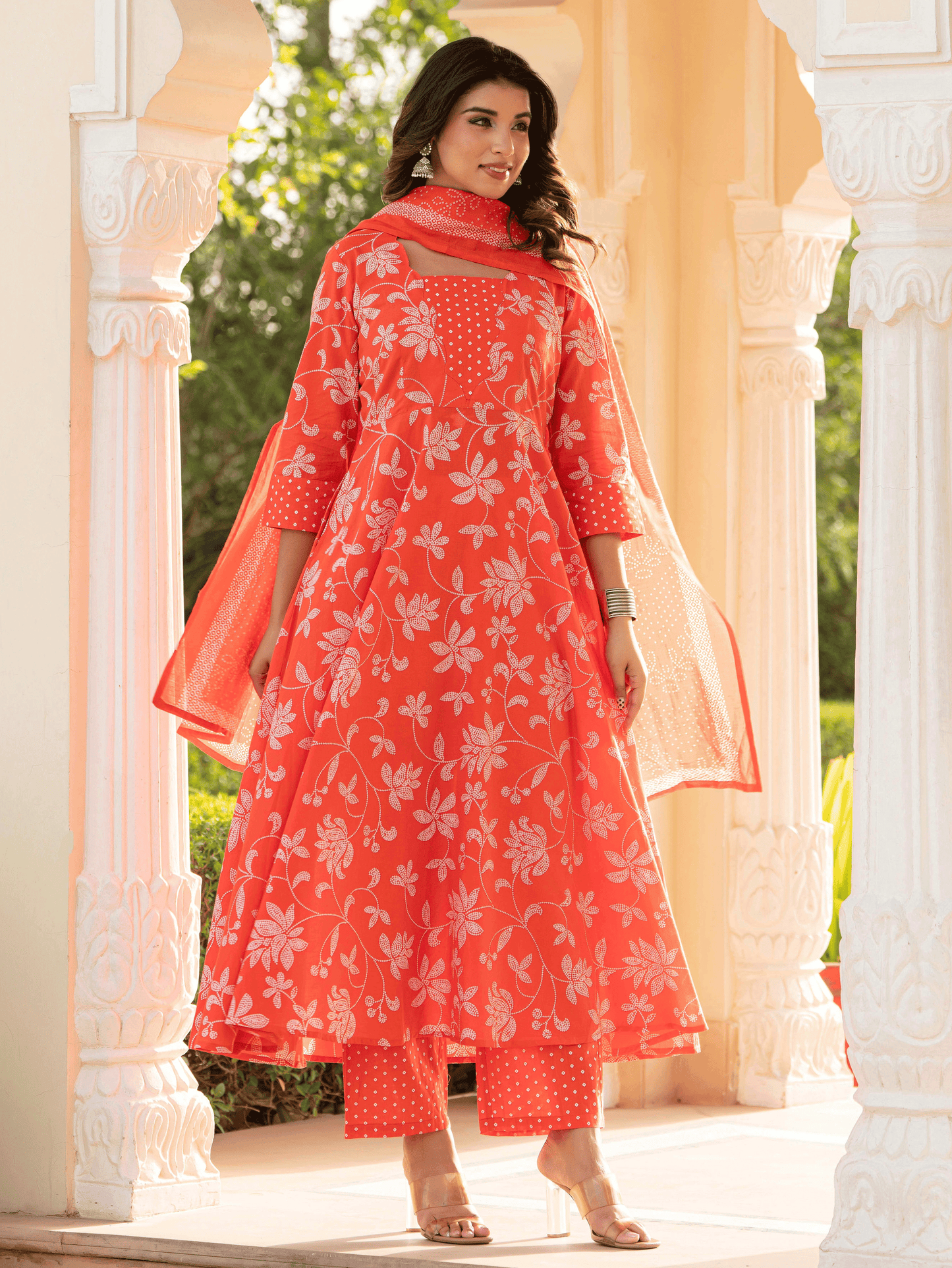 Soft Cotton Bandhani Flared Orange Kurta