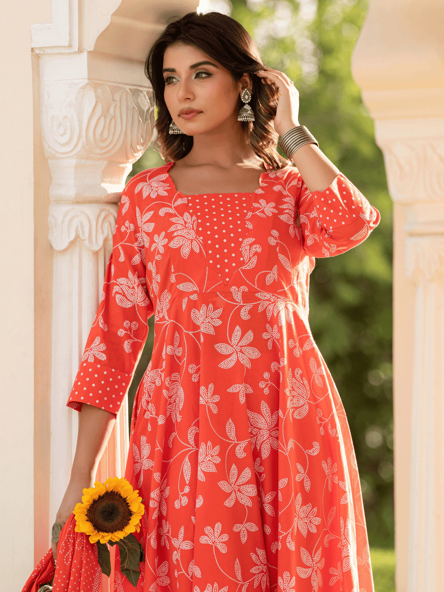 Soft Cotton Bandhani Flared Orange Kurta