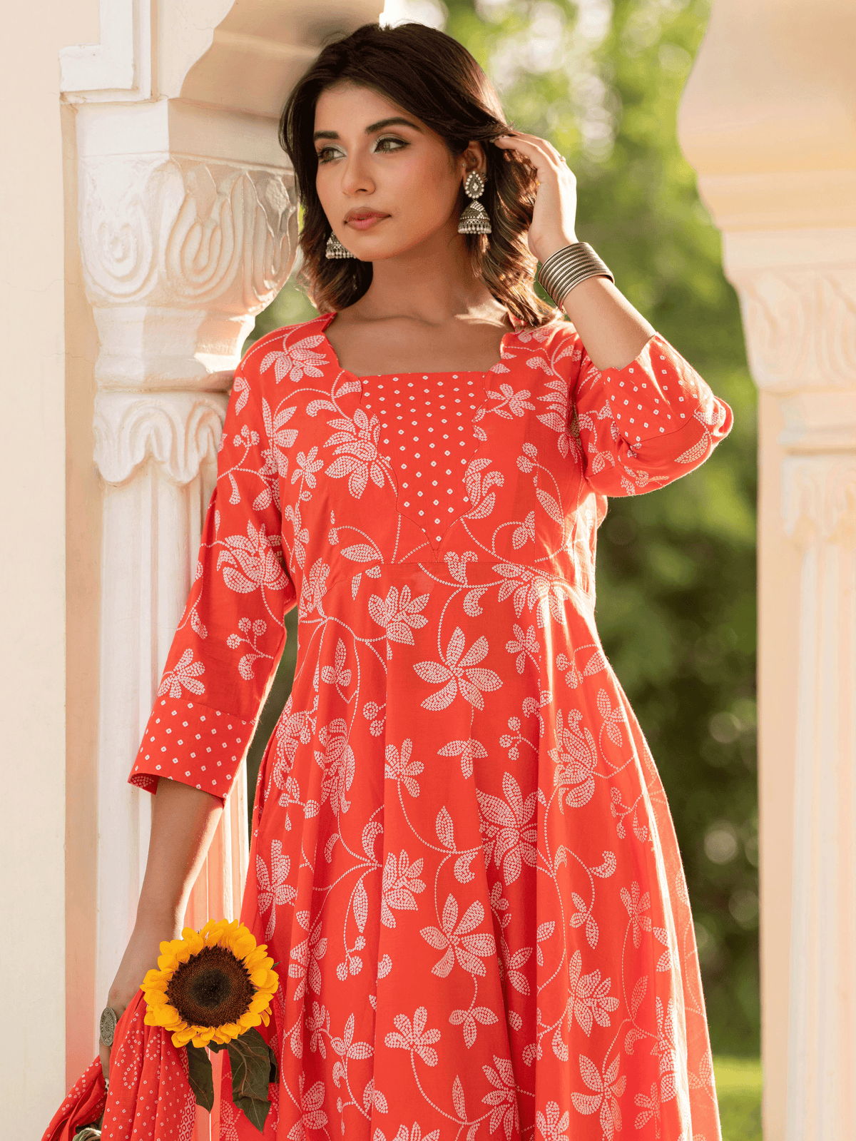 Soft Cotton Bandhani Flared Orange Kurta