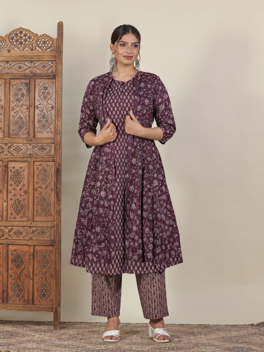Soft Cotton Floral A-line Wine Jacket