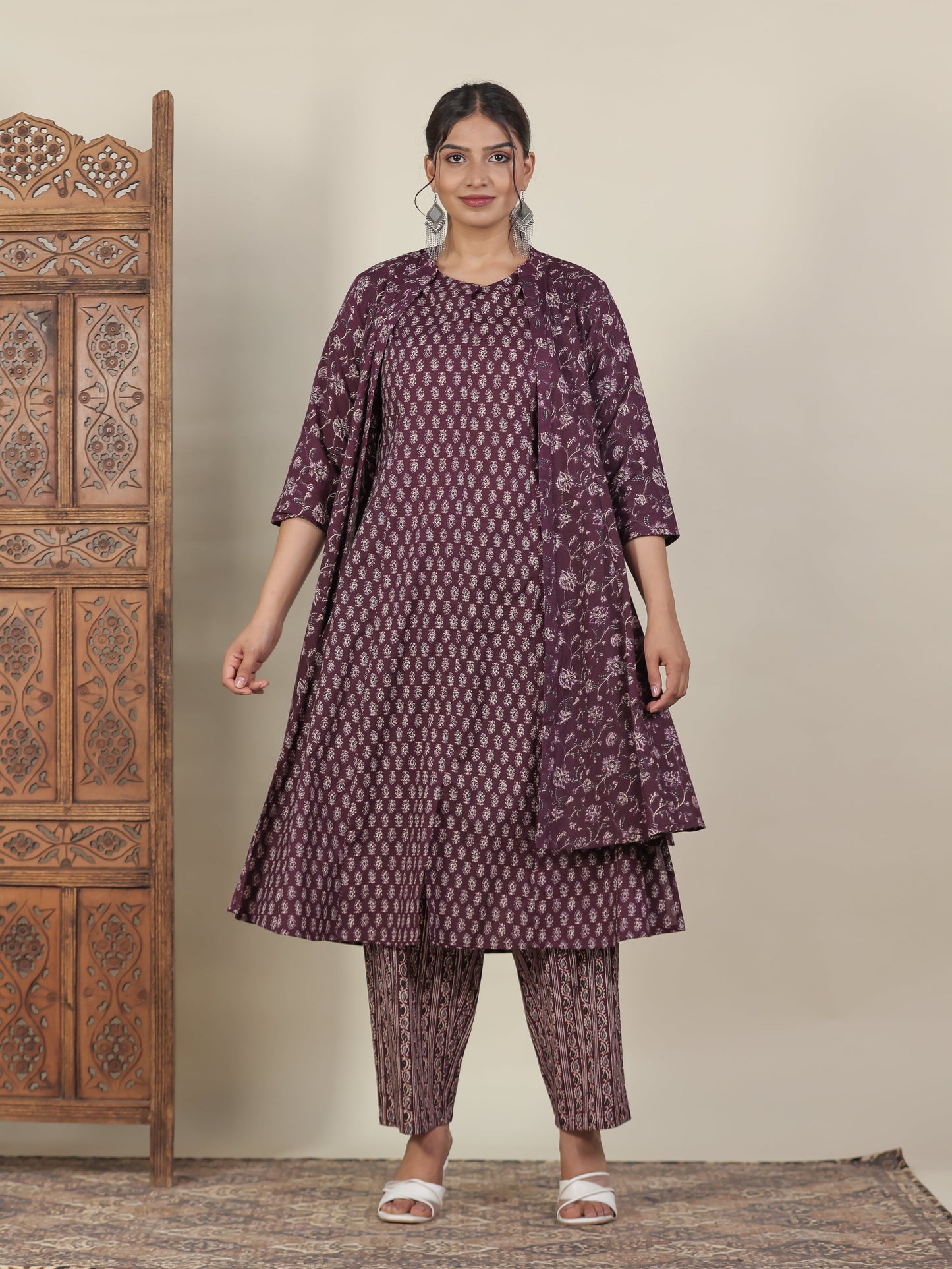 Soft Cotton Butti Flared Wine Kurta