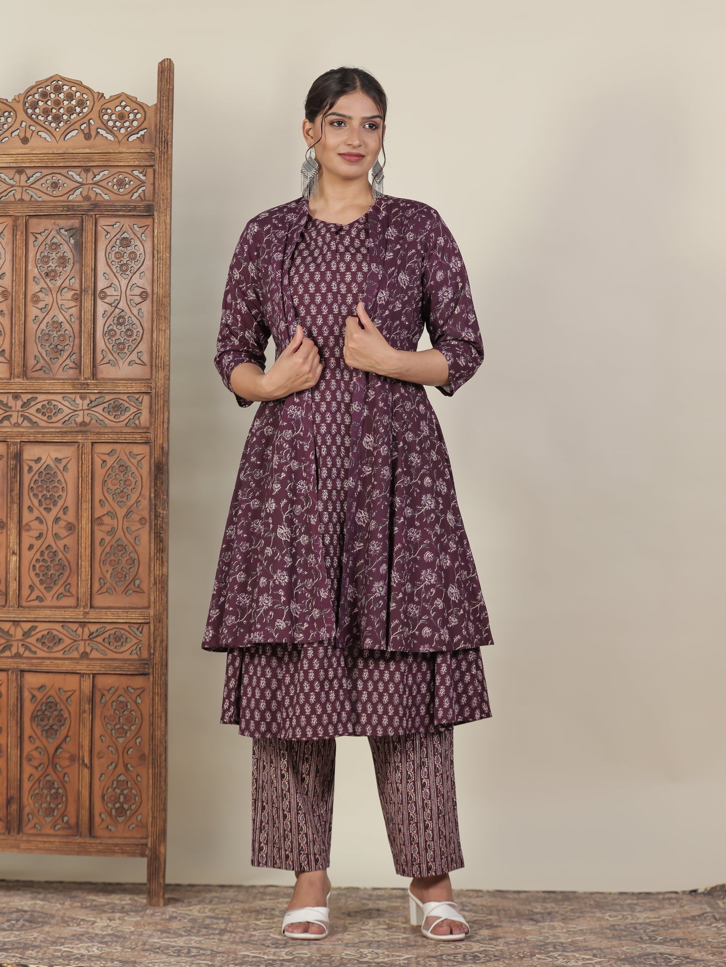 Soft Cotton Butti Flared Wine Kurta