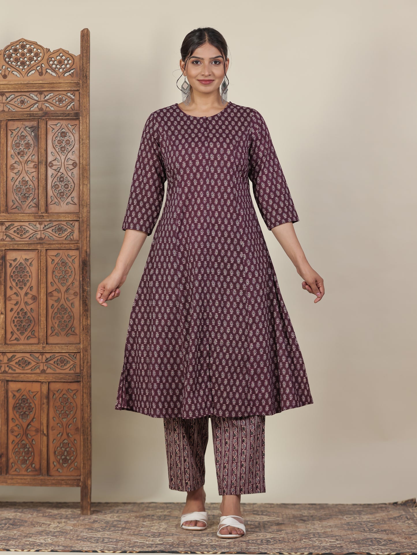 Soft Cotton Butti Flared Wine Kurta