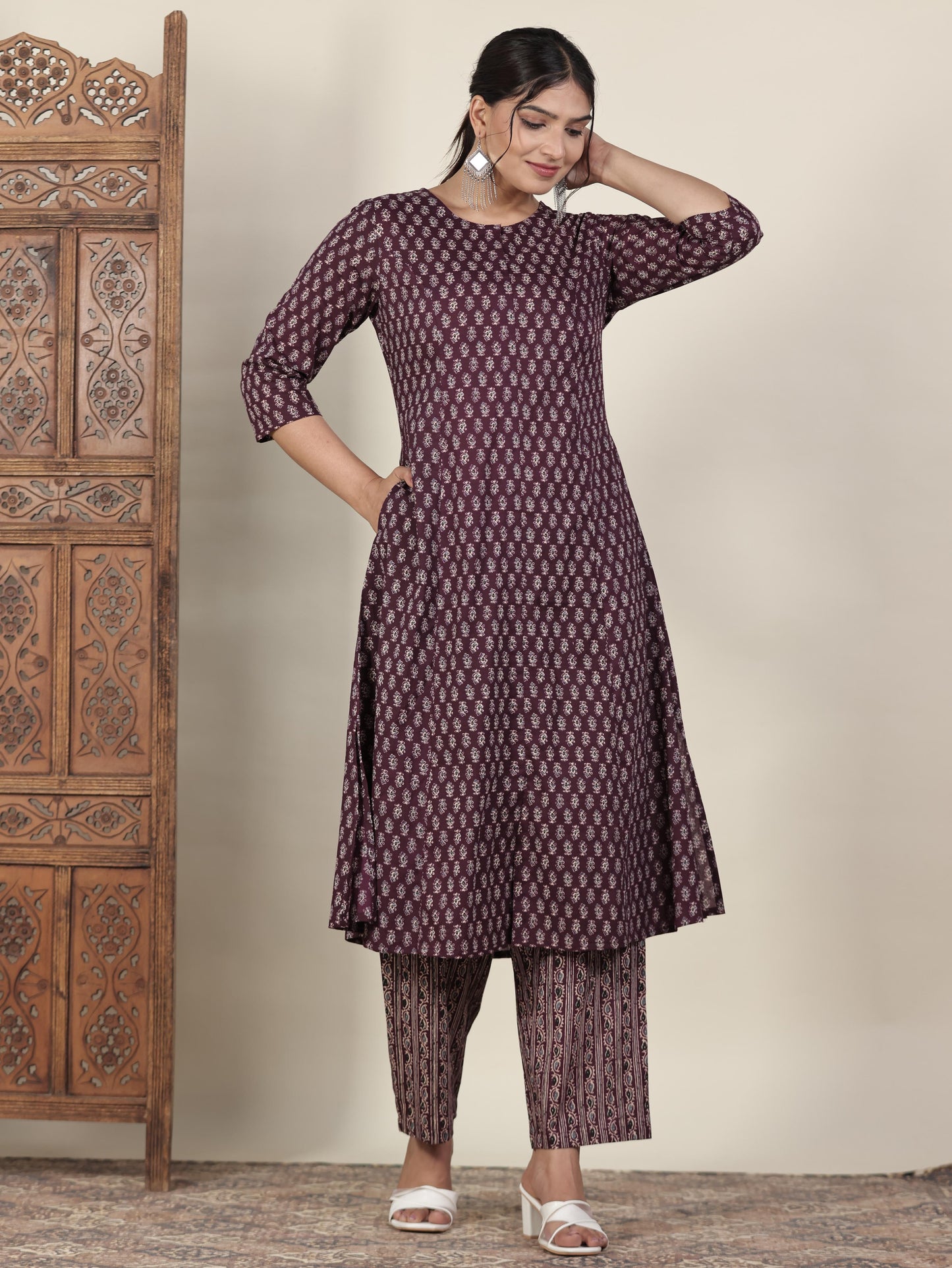 Soft Cotton Butti Flared Wine Kurta
