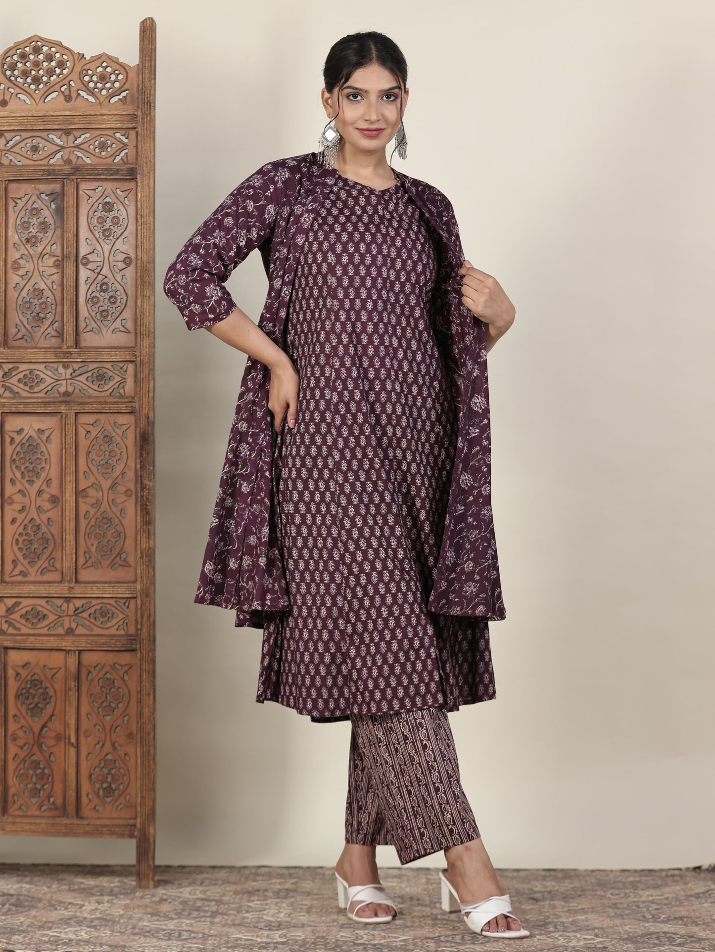 Soft Cotton Butti Flared Wine Kurta