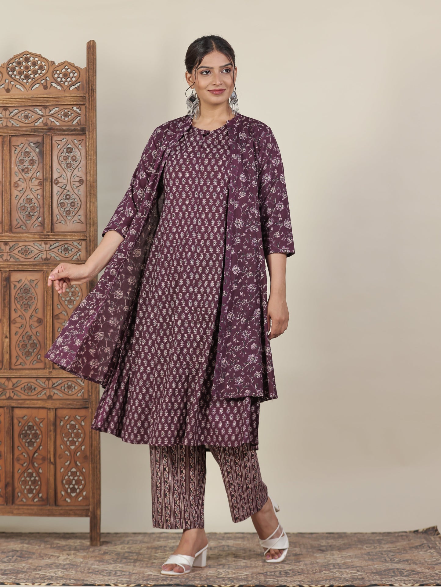 Soft Cotton Butti Flared Wine Kurta