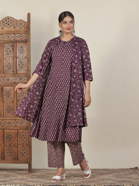 Soft Cotton Butti Flared Wine Kurta
