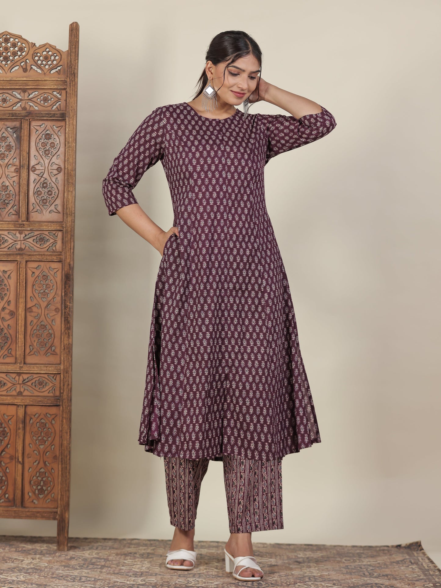 Soft Cotton Butti Flared Wine Kurta
