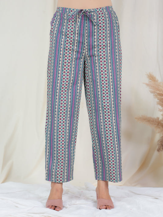 Soft Cotton Striped Blue Straight Trousers