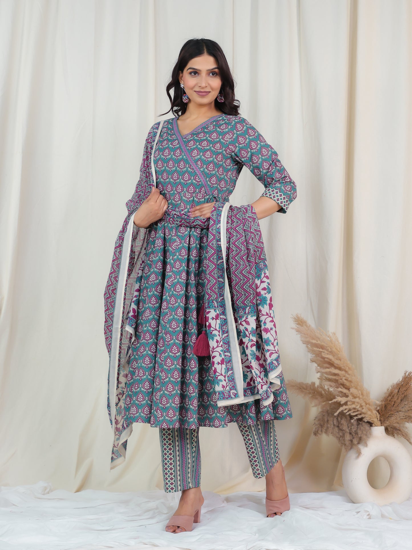 Soft Cotton Butti Angrakha Blue Kurta