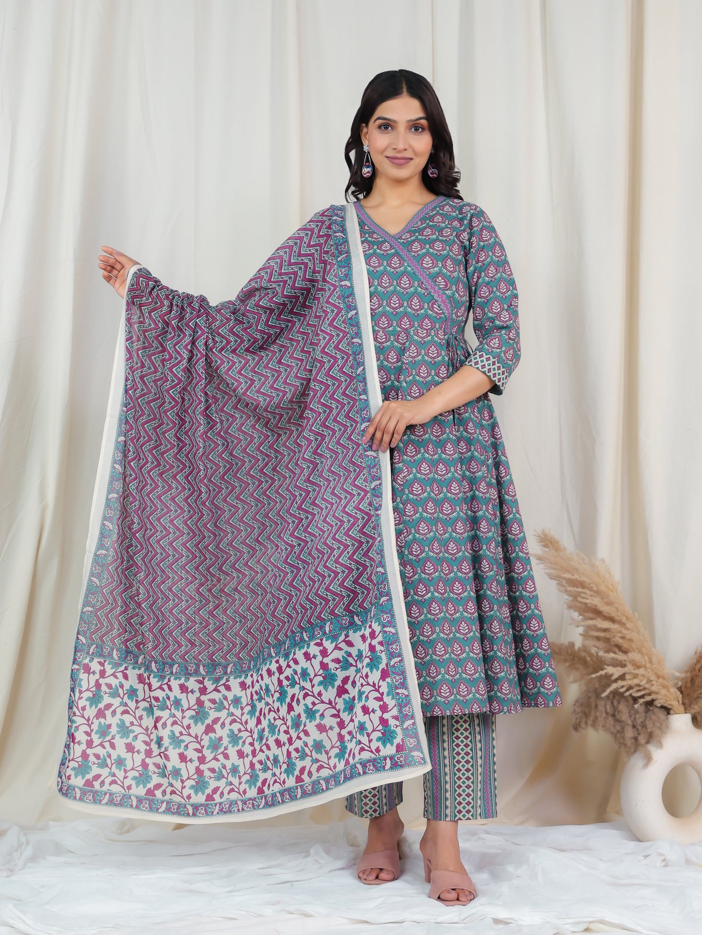 Soft Cotton Butti Angrakha Blue Kurta