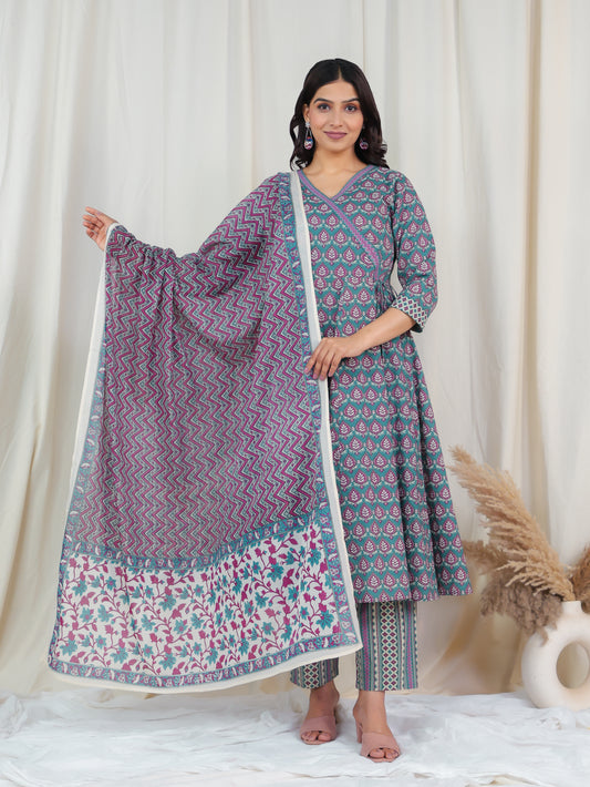 Soft Cotton Butti Angrakha Blue Kurta