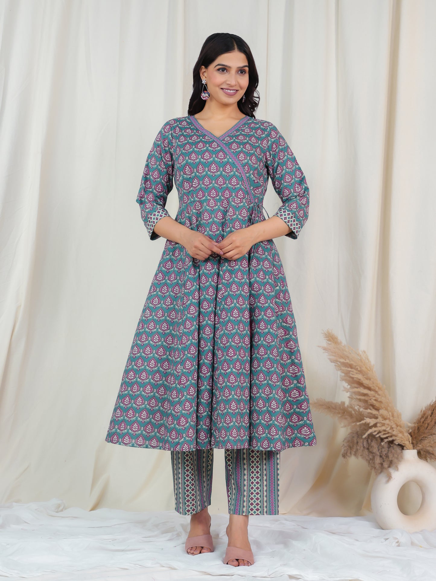 Soft Cotton Butti Angrakha Blue Kurta