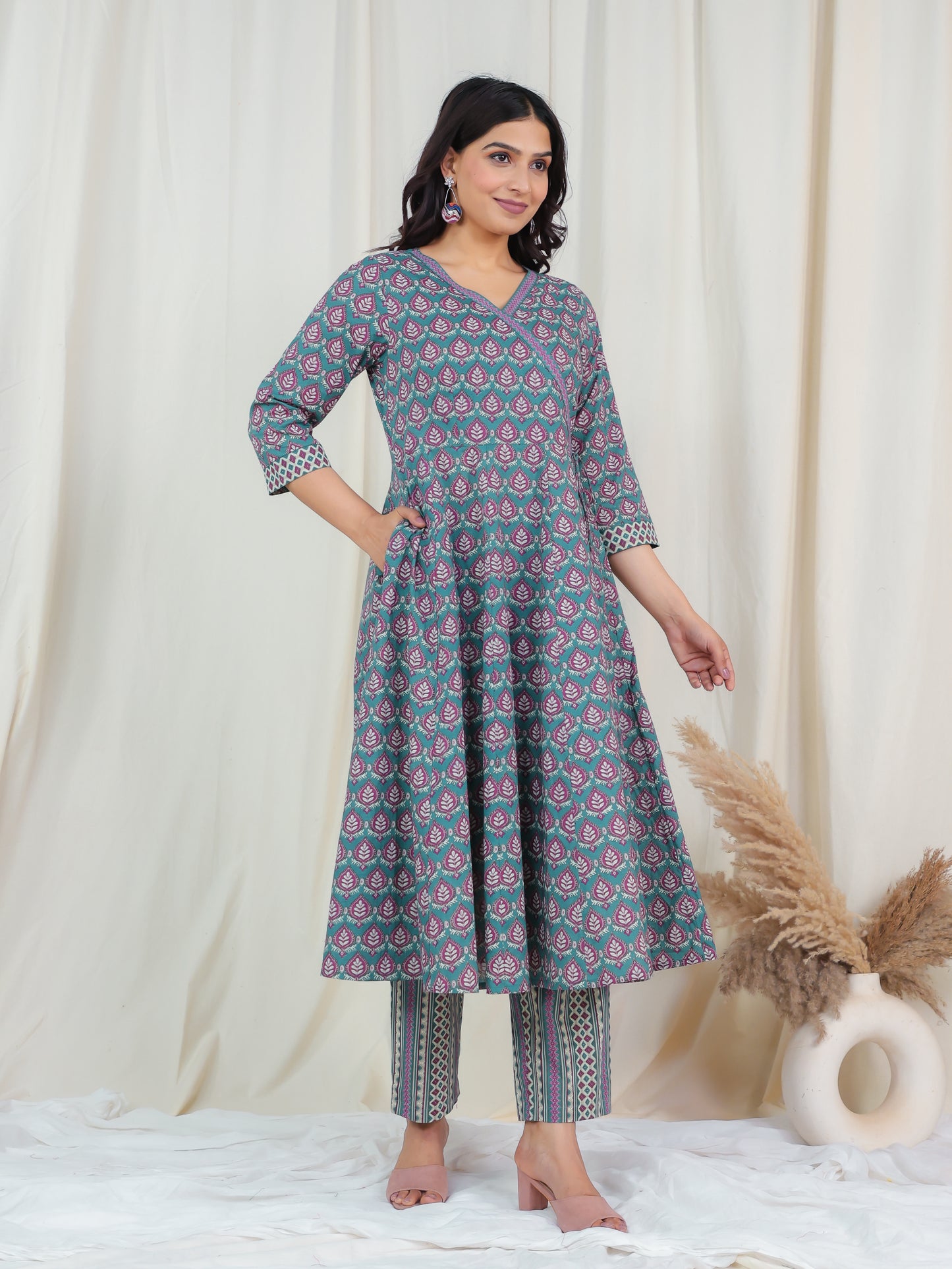 Soft Cotton Butti Angrakha Blue Kurta