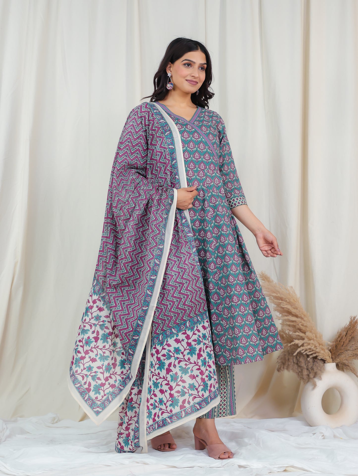 Soft Cotton Butti Angrakha Blue Kurta