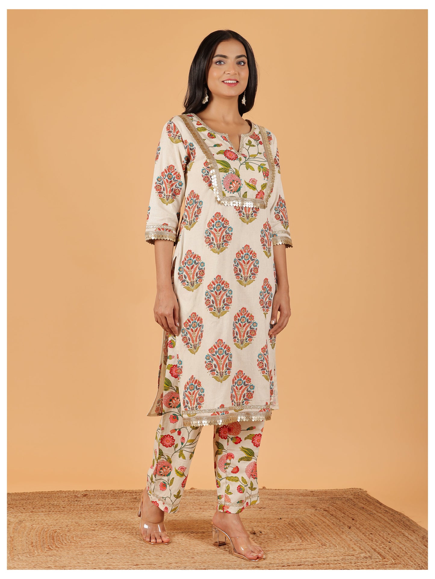 Linen Cotton Floral Straight Cream Kurta