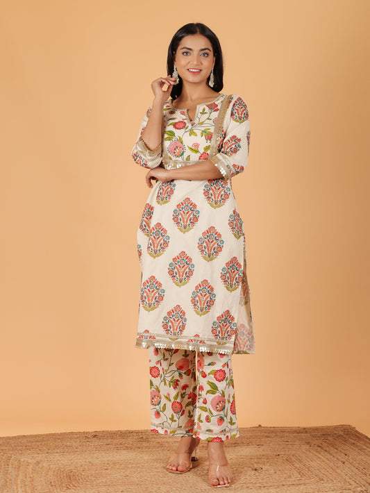 Linen Cotton Floral Straight Cream Kurta