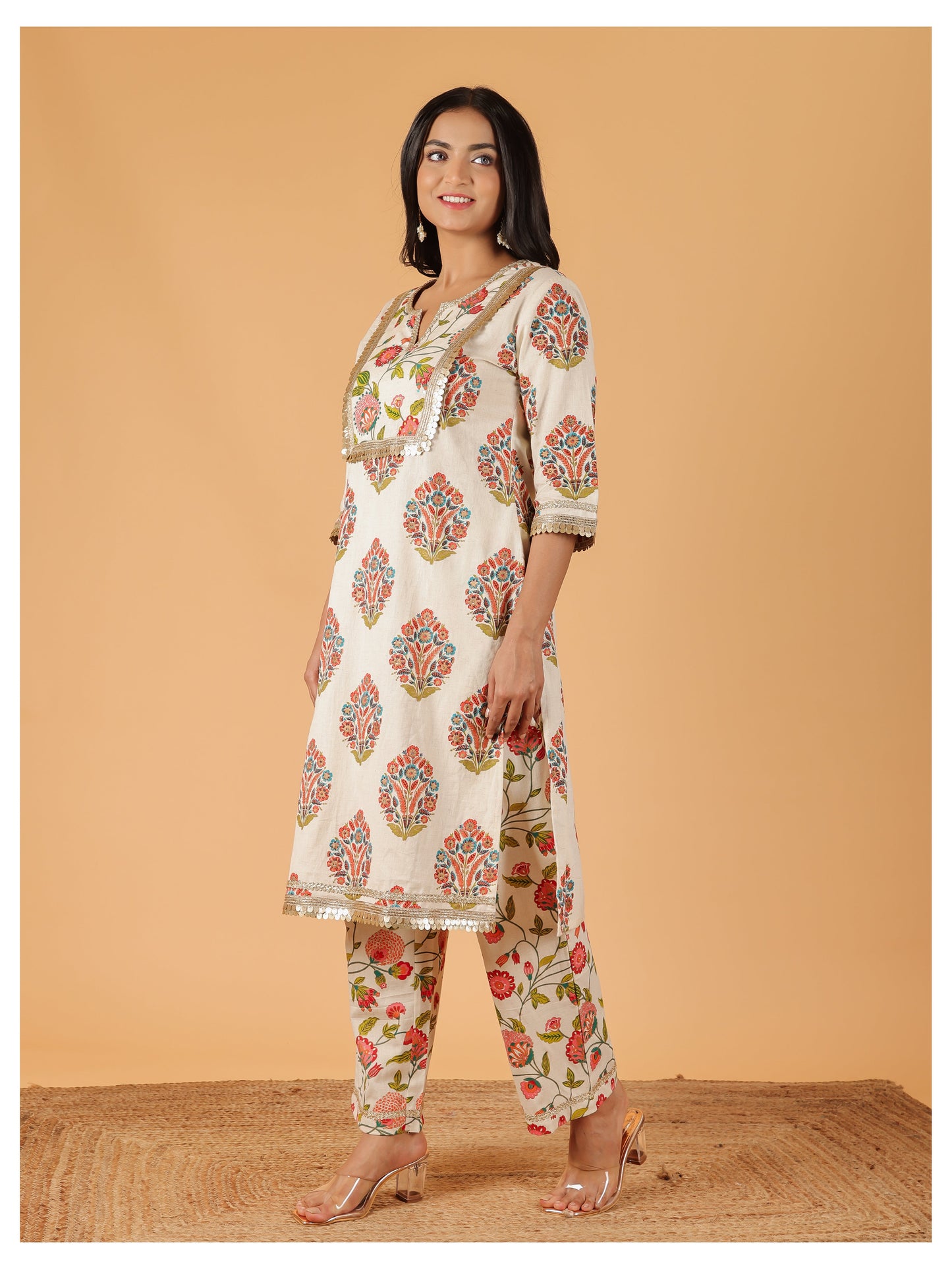 Linen Cotton Floral Straight Cream Kurta