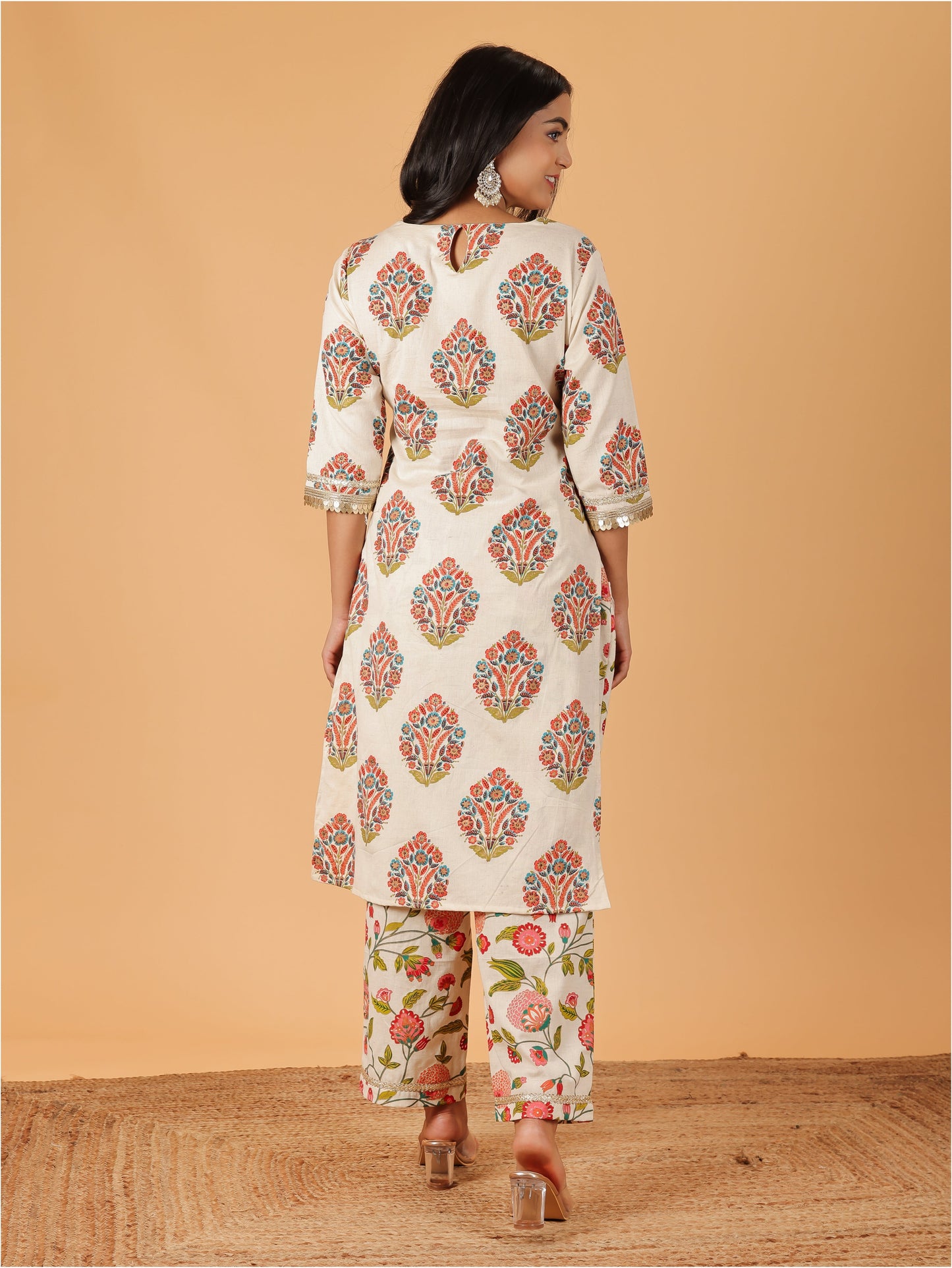 Linen Cotton Floral Straight Cream Kurta