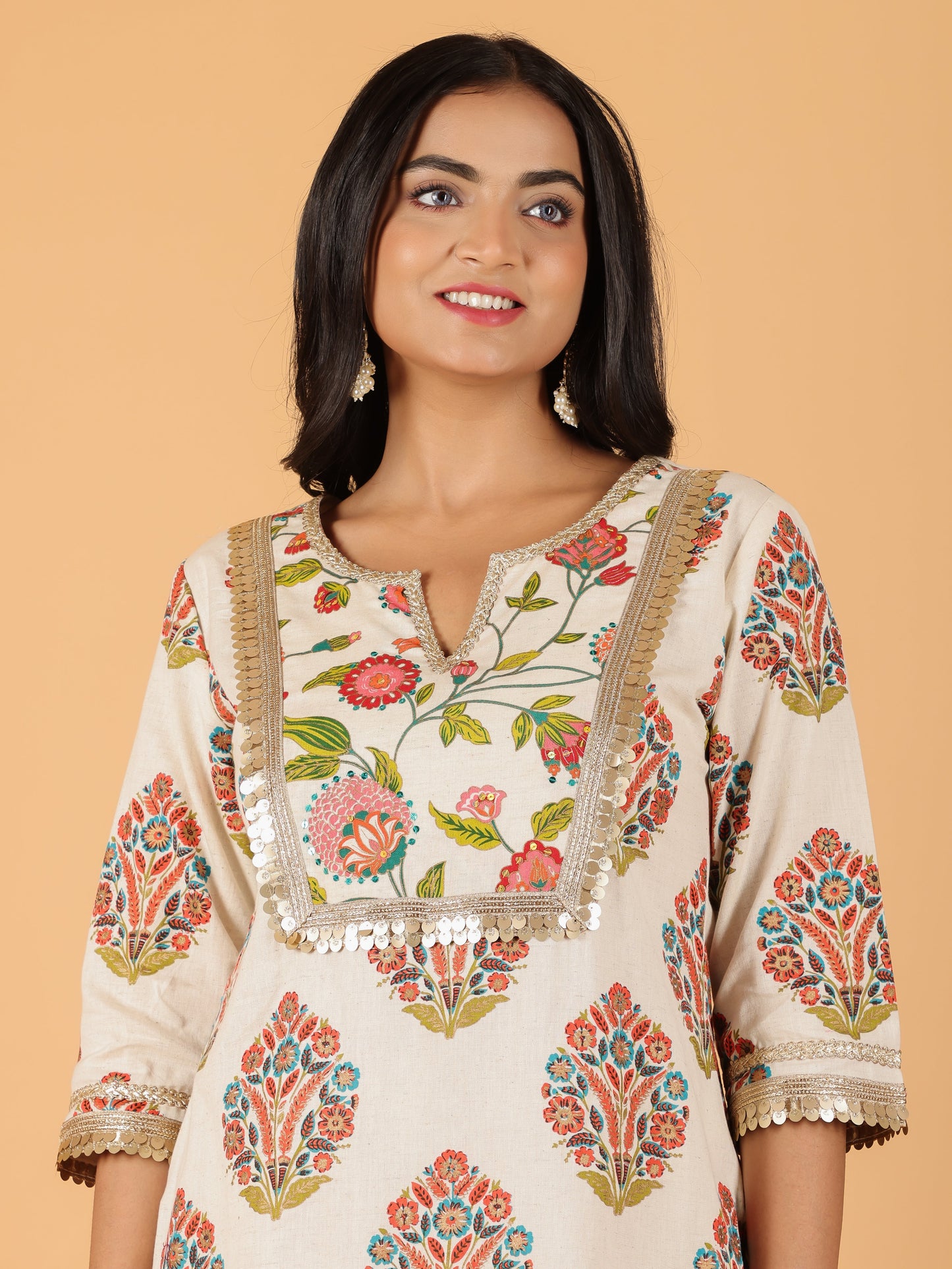 Linen Cotton Floral Straight Cream Kurta